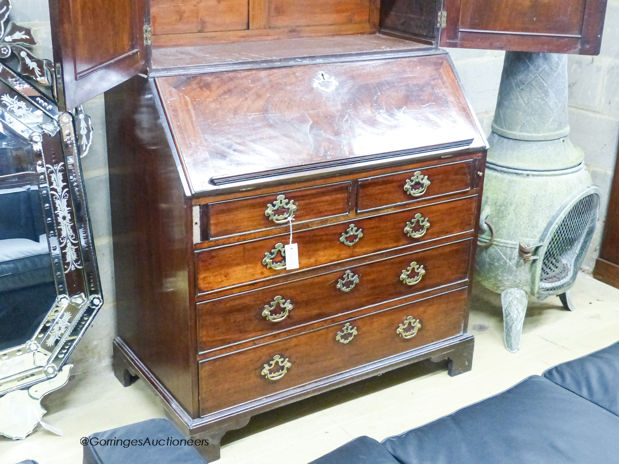 A George III mahogany bureau cabinet, width 102cm, depth 56cm, height 222cm